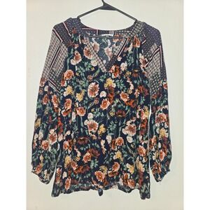 Jodifl Womens Boho Floral Print V-Neck Balloon Sleeve Blouse Navy Blue M